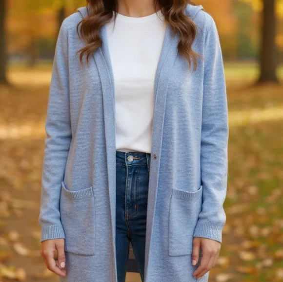 Verve Ami - NWOT, Light Blue Long Cardigan Sweater W/ Hood, Pockets, Soft & Cozy - Picture 1 of 12